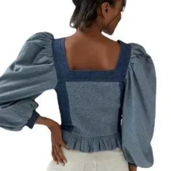 HP 🎉 Love The Label Anthropologie Smocked Puff Sleeve XXS P Blue Chevron Denim - Picture 5 of 10